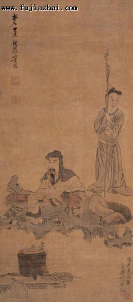《枕琴待客》（立轴 设色绢本87.5×39cm）创作年代不详，但从其画风，当是三十岁以后所作，人物面目特征开始日显，笔力渐显老辣，题写的“老莲洪绶画”五个字，真是好漂亮！可惜，后来的收藏者在画的右下角也写了字?
