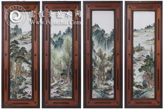 图录号2469 汪野亭 粉彩《四季图》青绿山水挂屏一套。尺寸18.5X74cmx4。估价3,500,000-4,300,000RMB。