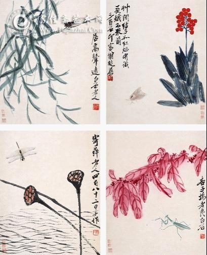 歌德拍卖2013春拍精品赏析：齐白石《花卉草虫册页》 35.3×28.2cm×4 约0.9平尺